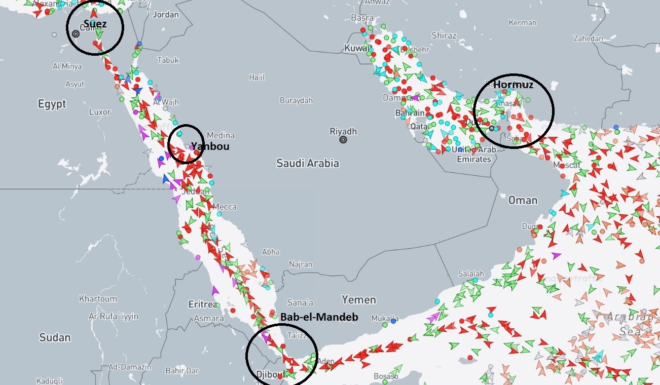 Marine traffic around major chockpoints including Hormuz